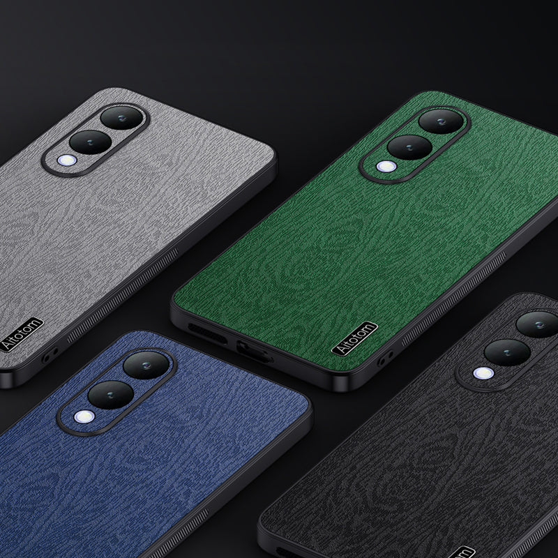 For vivo Y17s 4G Cell Phone Case Fall-proof Wood Grain PU+PC+TPU Back Cover - Black For vivo Y17s 4G Cell Phone Case Fall-proof Wood Grain PU+PC+TPU Back Cover - Black